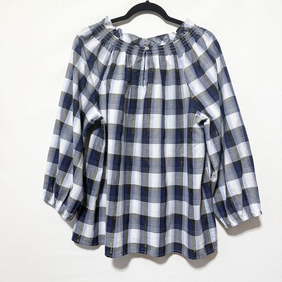 Talbots Smocked Top 1X Tinsel Tartan Plaid Blue White Gold 3/4 Sleeve Plus Size - Picture 5 of 10